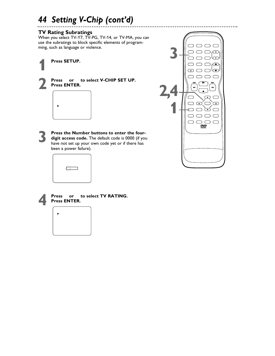 44 setting v-chip (cont’d), Tv rating subratings | Philips 27DVCR55S User Manual | Page 44 / 80