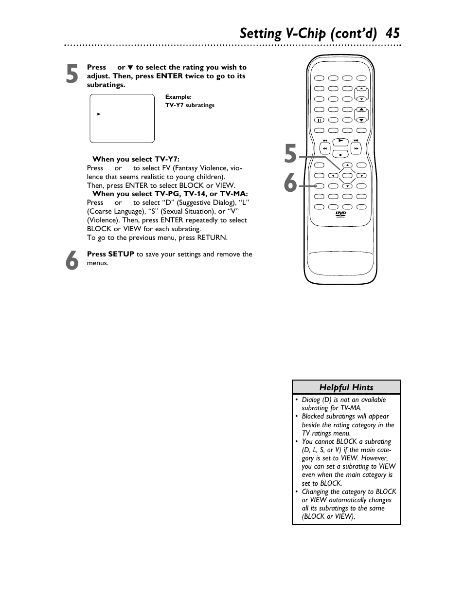 Setting v-chip (cont’d) 45, Helpful hints | Philips 27DVCR55S User Manual | Page 45 / 80