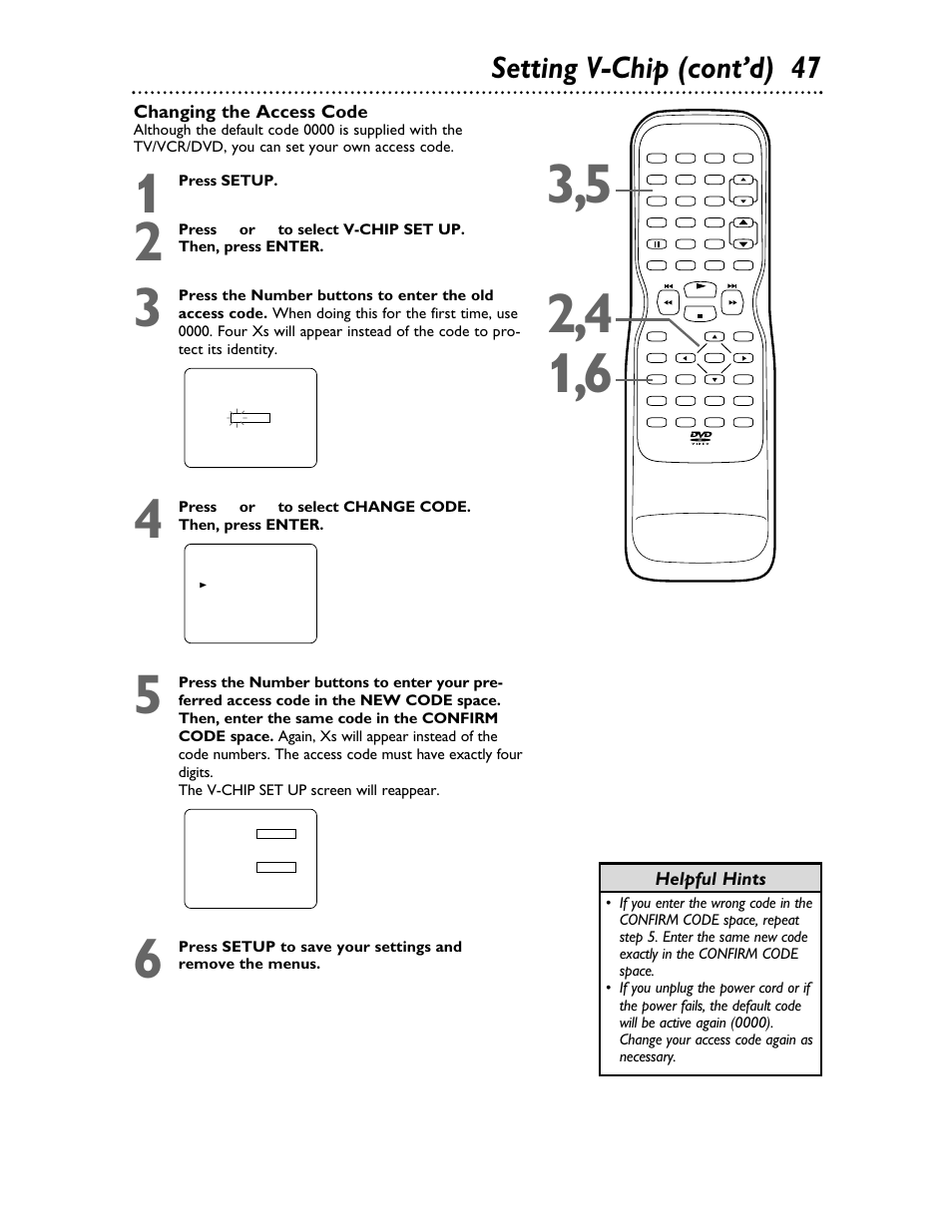 Setting v-chip (cont’d) 47, Helpful hints, Changing the access code | Philips 27DVCR55S User Manual | Page 47 / 80