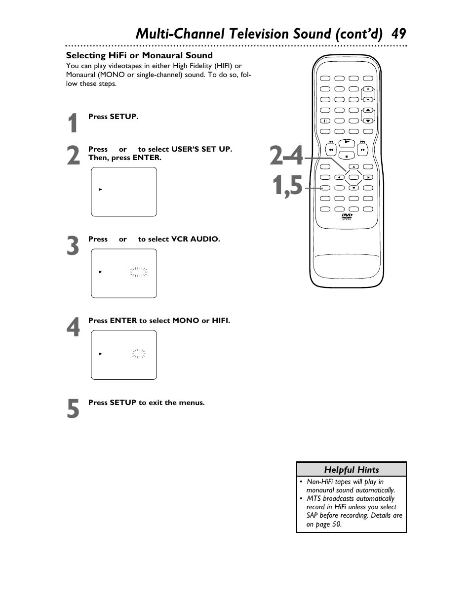 Multi-channel television sound (cont’d) 49, Helpful hints selecting hifi or monaural sound | Philips 27DVCR55S User Manual | Page 49 / 80