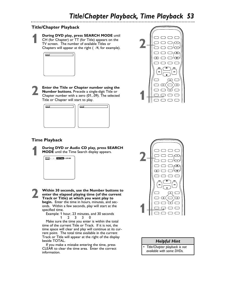 Title/chapter playback, time playback 53, Title/chapter playback, Time playback | Helpful hint | Philips 27DVCR55S User Manual | Page 53 / 80