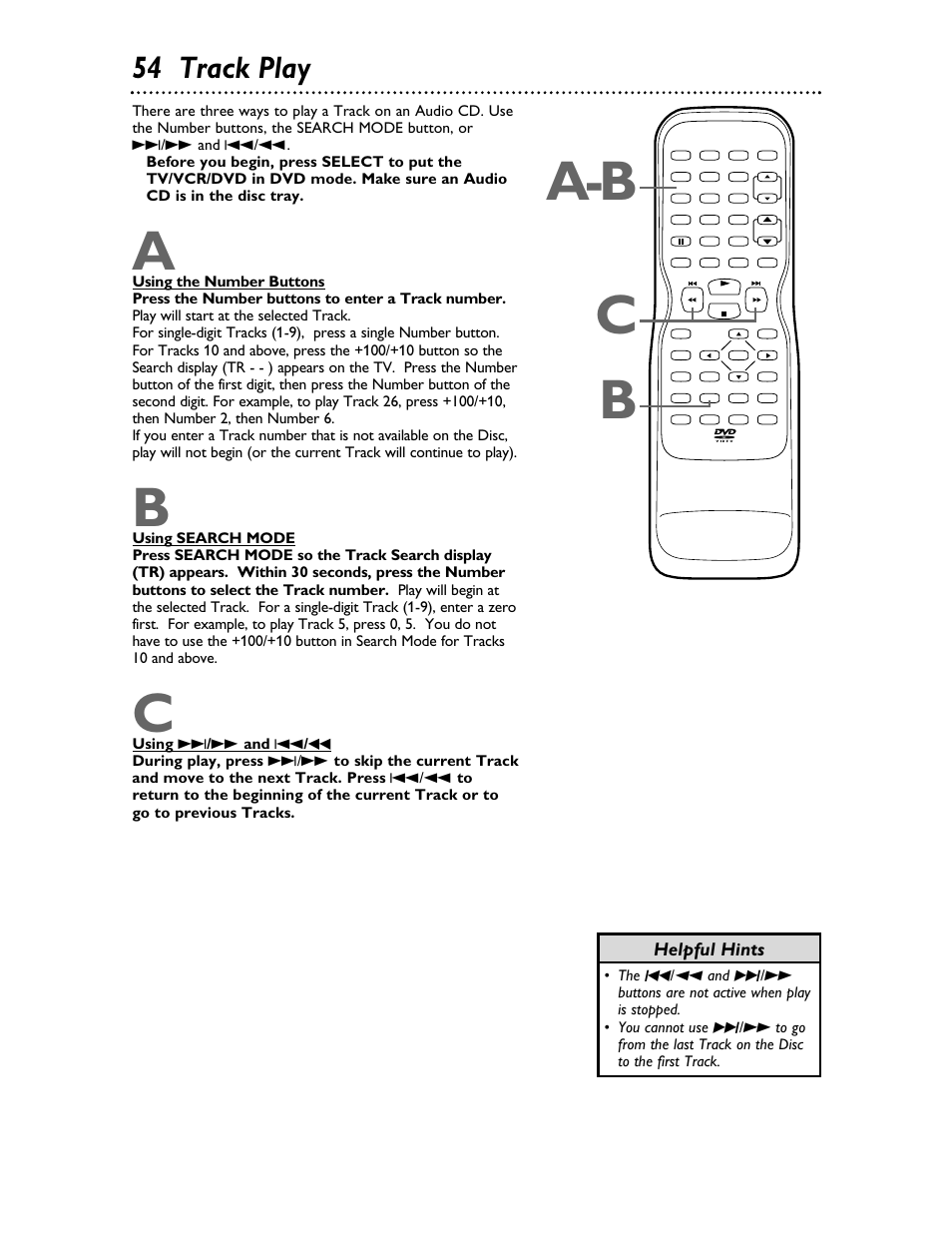 Ba-b c, 54 track play, Helpful hints | Philips 27DVCR55S User Manual | Page 54 / 80