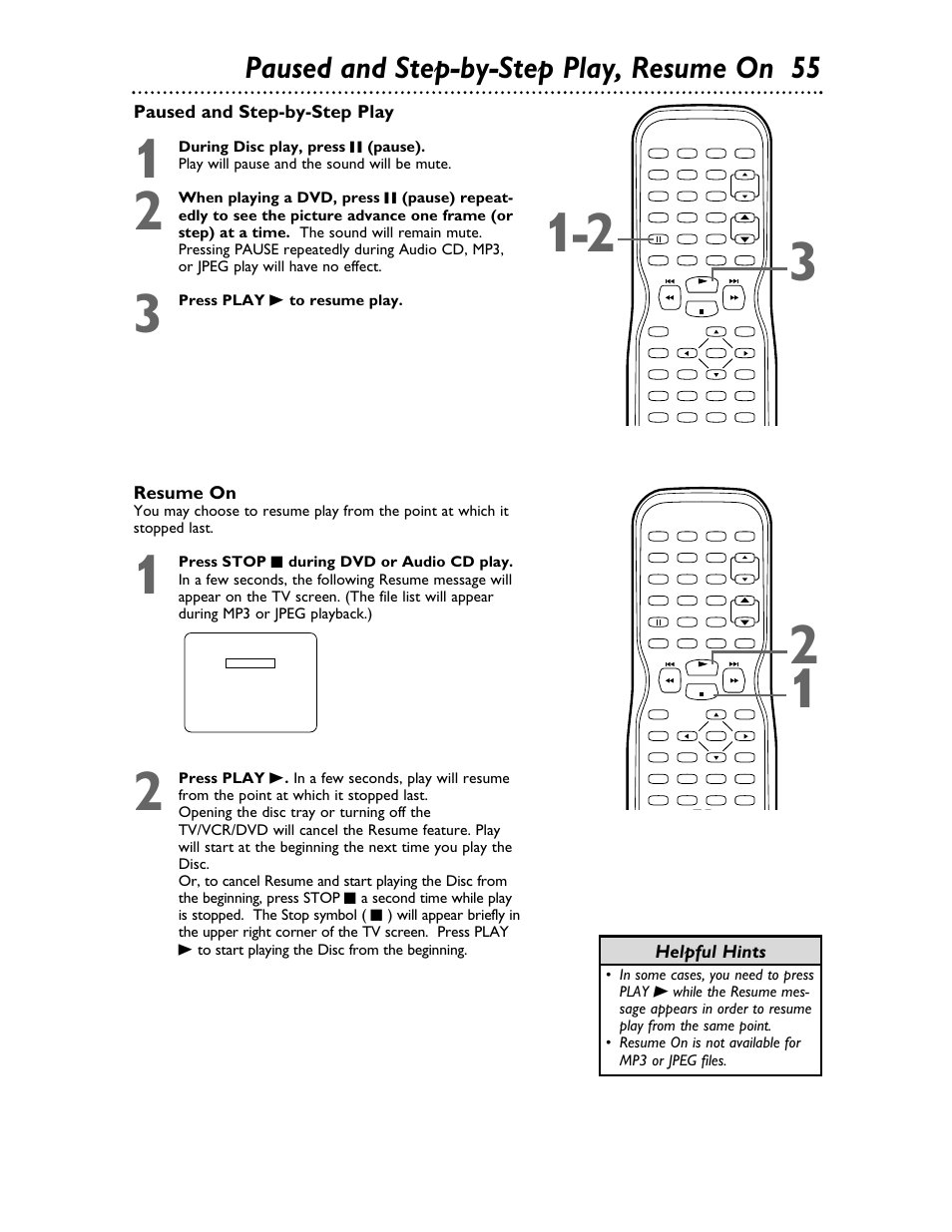 Paused and step-by-step play, resume on 55, Paused and step-by-step play, Resume on | Helpful hints | Philips 27DVCR55S User Manual | Page 55 / 80