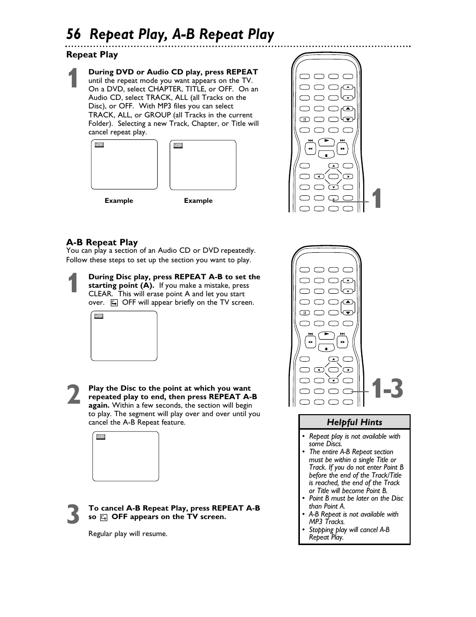 56 repeat play, a-b repeat play, Repeat play, A-b repeat play | Helpful hints | Philips 27DVCR55S User Manual | Page 56 / 80