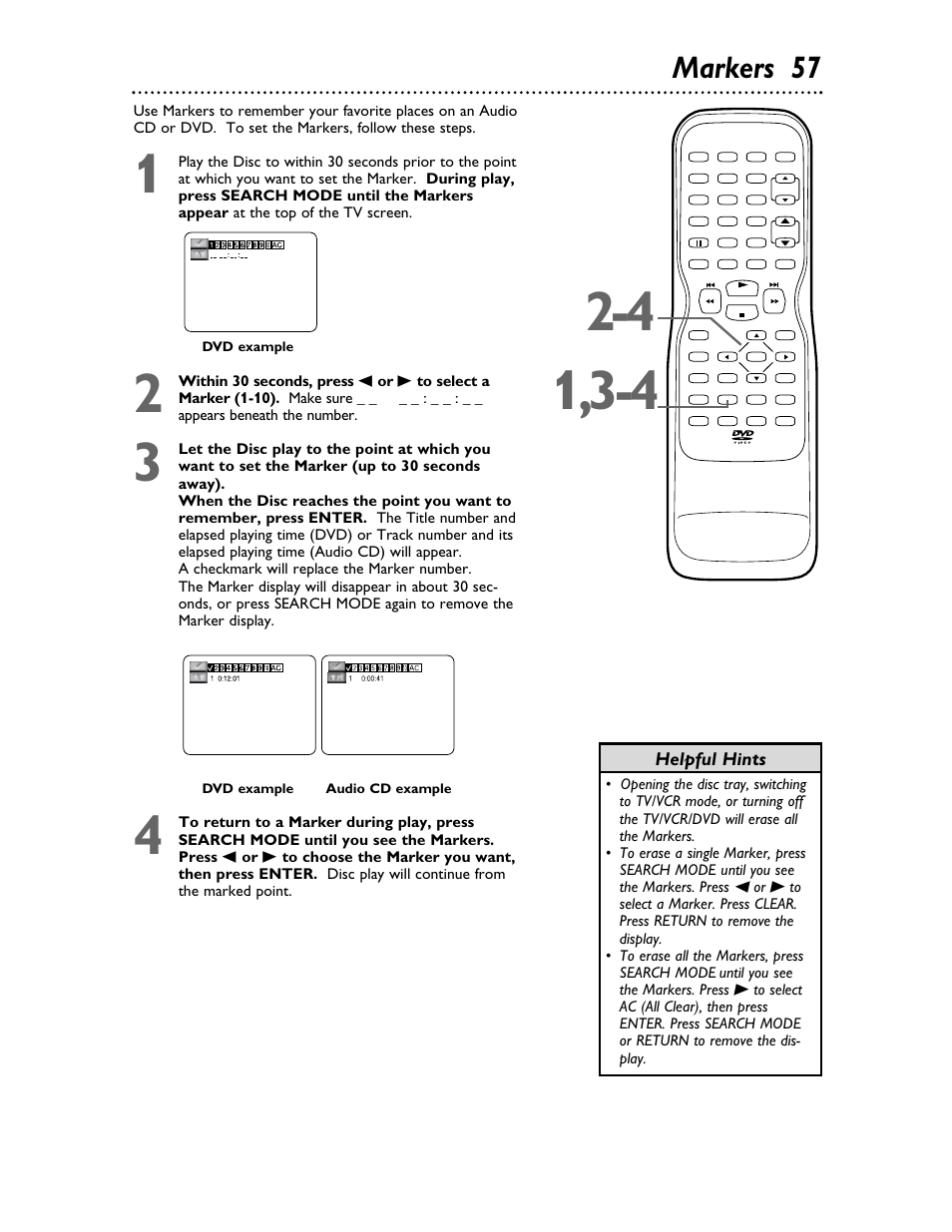 Markers 57, Helpful hints | Philips 27DVCR55S User Manual | Page 57 / 80