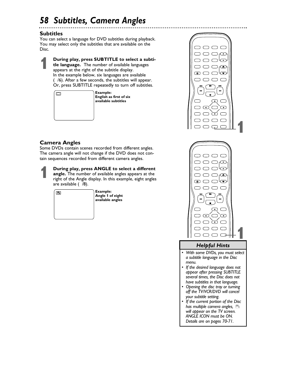 58 subtitles, camera angles, Camera angles, Subtitles | Helpful hints | Philips 27DVCR55S User Manual | Page 58 / 80