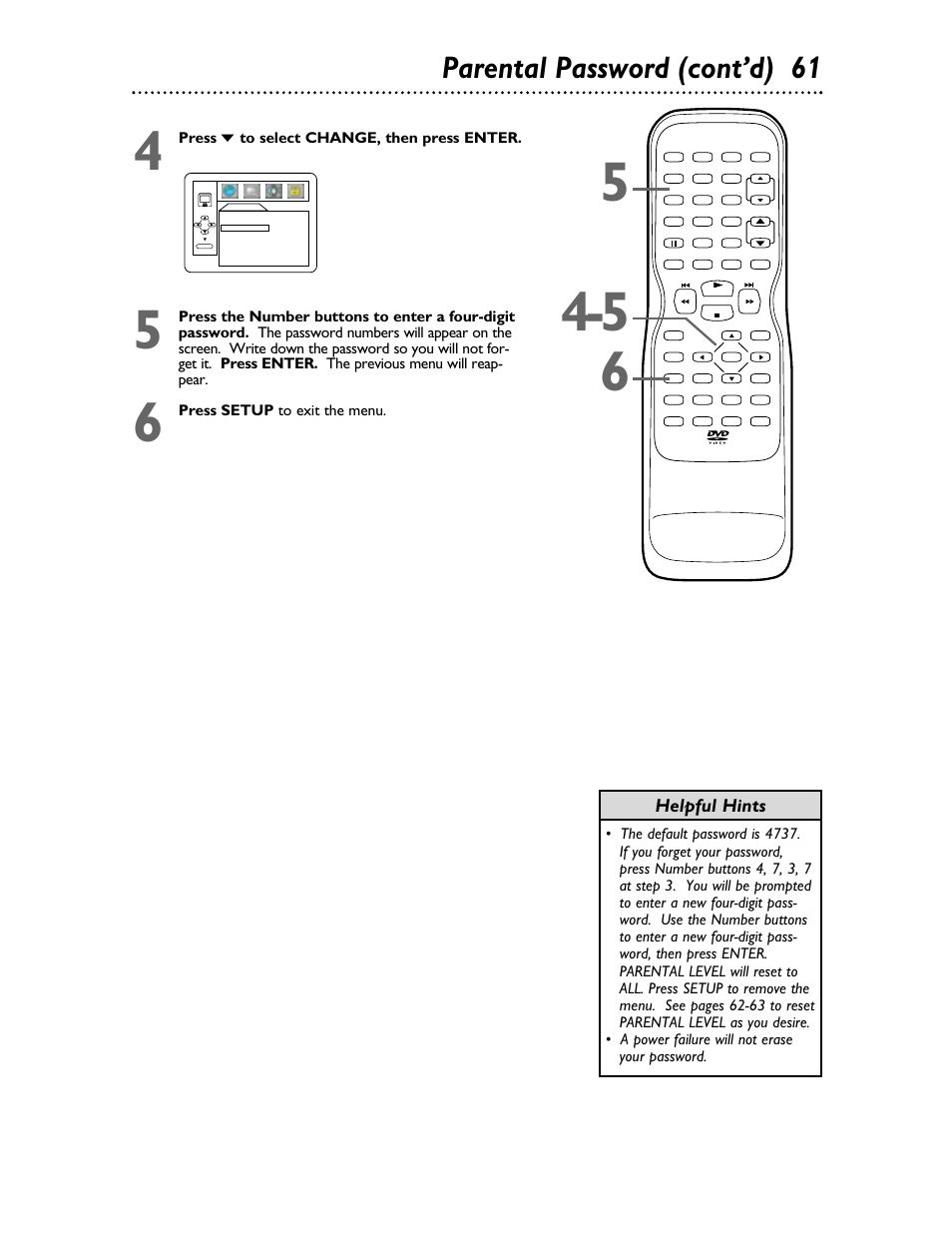 Parental password (cont’d) 6 1, Helpful hints | Philips 27DVCR55S User Manual | Page 61 / 80