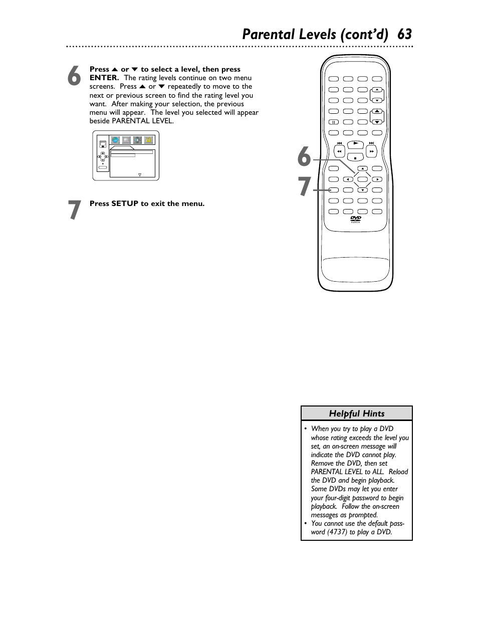 Parental levels (cont’d) 63, Helpful hints, Press setup to exit the menu | Philips | Philips 27DVCR55S User Manual | Page 63 / 80