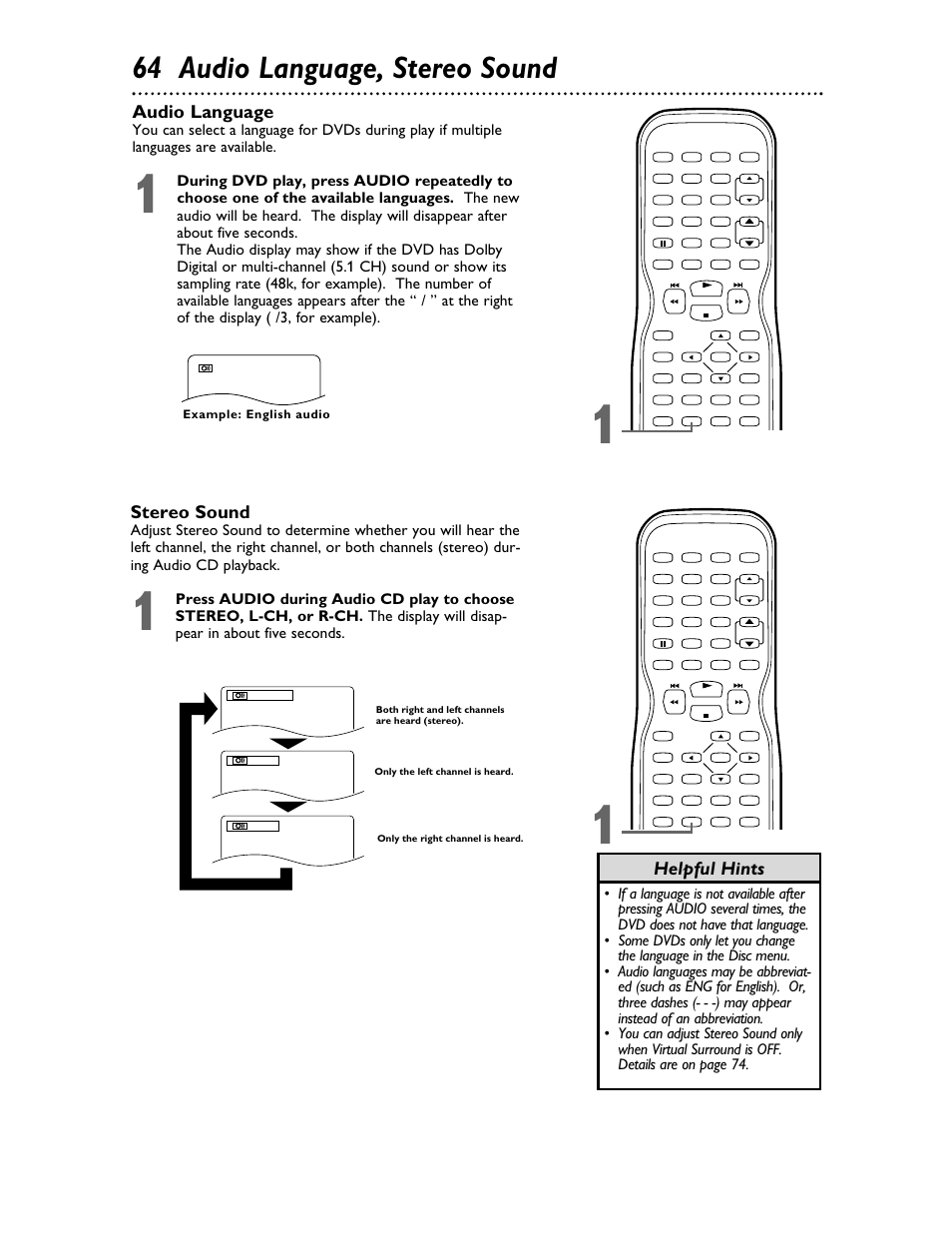 64 audio language, stereo sound, Audio language, Stereo sound | Helpful hints | Philips 27DVCR55S User Manual | Page 64 / 80