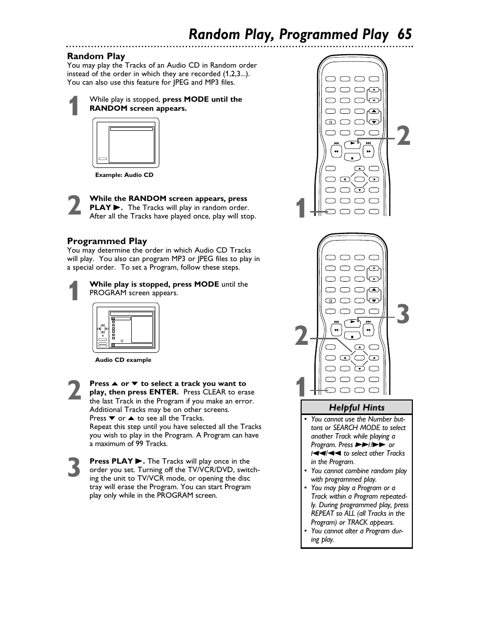 Random play, programmed play 65, Programmed play, Random play | Helpful hints | Philips 27DVCR55S User Manual | Page 65 / 80