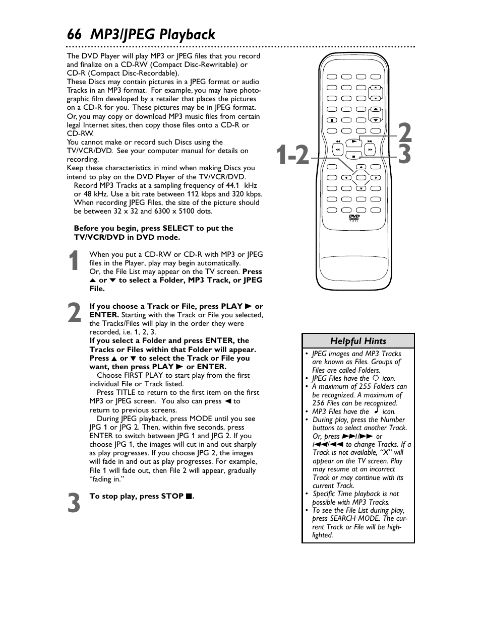 66 mp3/jpeg playback, Helpful hints | Philips 27DVCR55S User Manual | Page 66 / 80