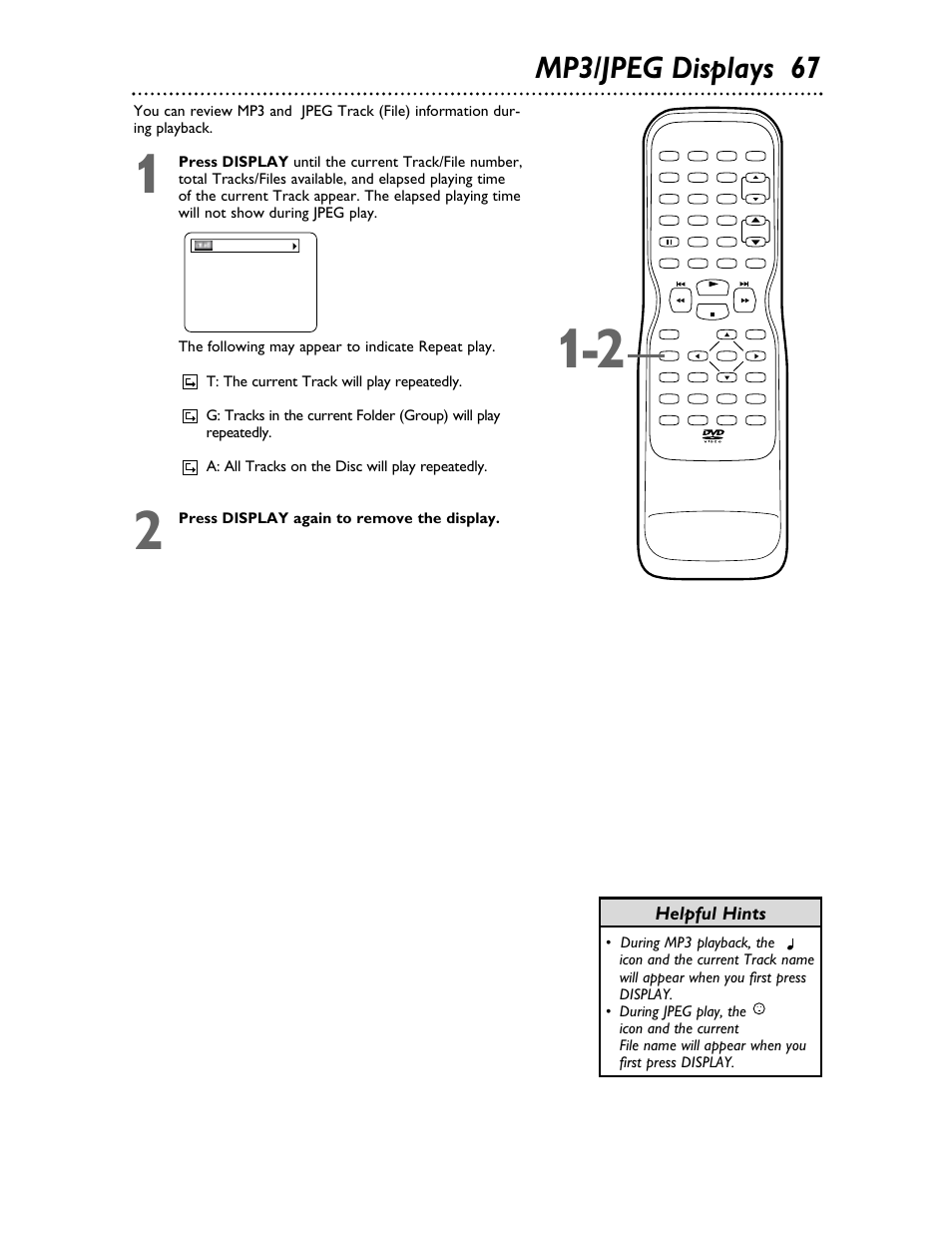 Mp3/jpeg displays 67, Helpful hints, Press display again to remove the display | Philips 27DVCR55S User Manual | Page 67 / 80