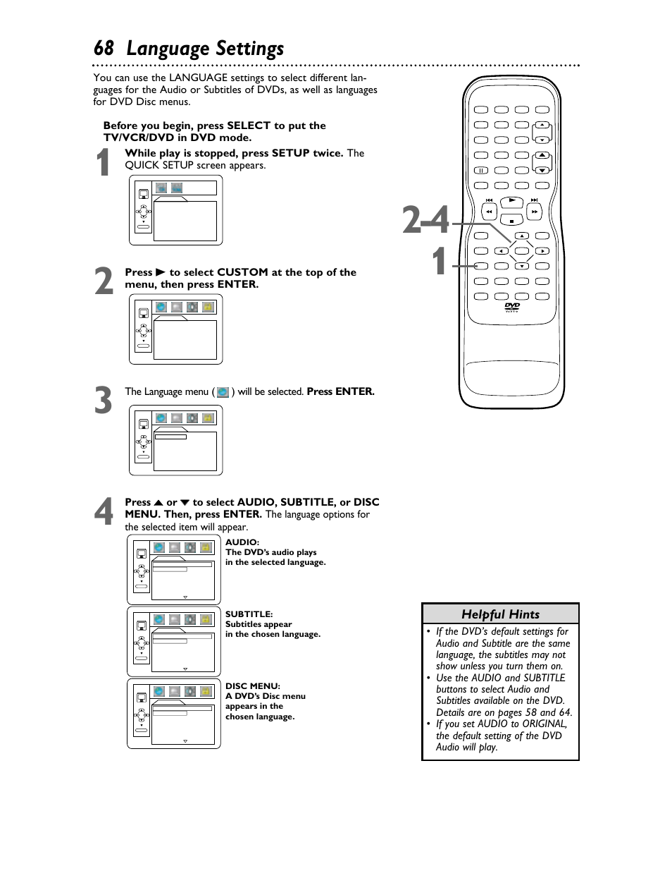 68 language settings, Helpful hints | Philips 27DVCR55S User Manual | Page 68 / 80