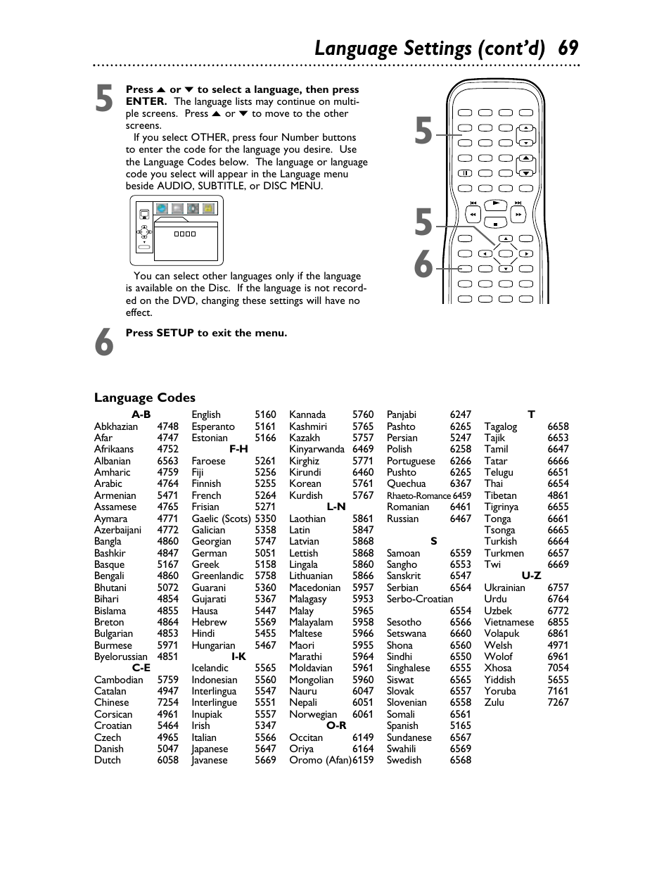 Language settings (cont’d) 69, Language codes | Philips 27DVCR55S User Manual | Page 69 / 80