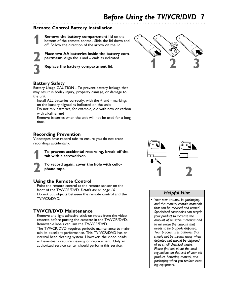 Before using the tv/vcr/dvd 7 | Philips 27DVCR55S User Manual | Page 7 / 80