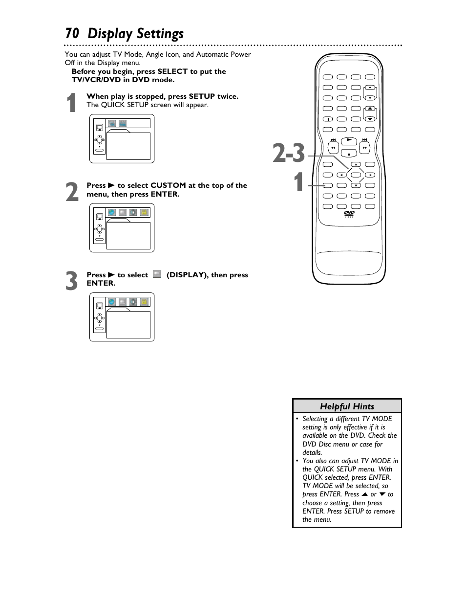 70 display settings, Helpful hints, Press b to select (display), then press enter | Philips 27DVCR55S User Manual | Page 70 / 80