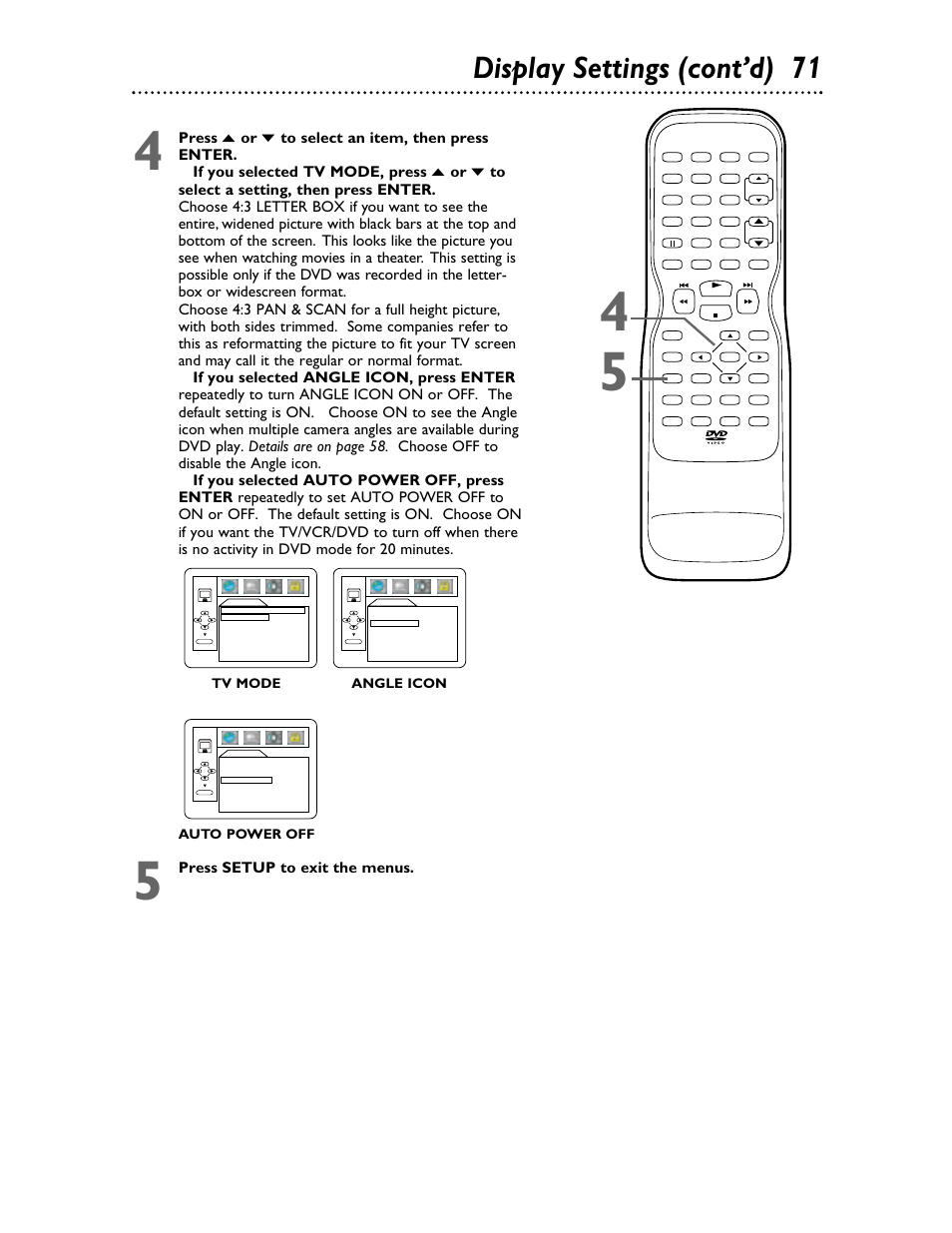 Display settings (cont’d) 7 1, Press o or p to select an item, then press enter, Press setup to exit the menus | Tv mode angle icon auto power off, Philips | Philips 27DVCR55S User Manual | Page 71 / 80