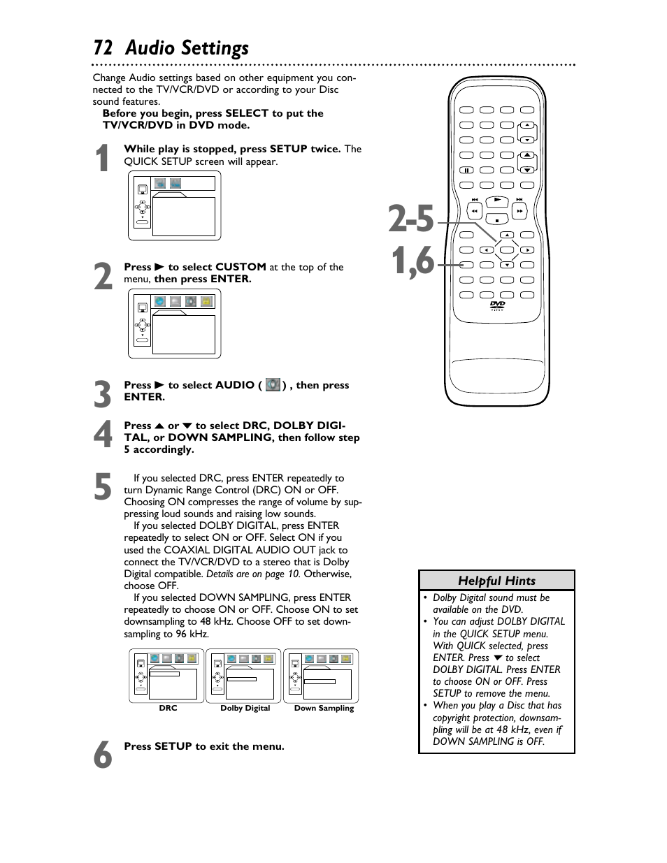 72 audio settings, Helpful hints | Philips 27DVCR55S User Manual | Page 72 / 80