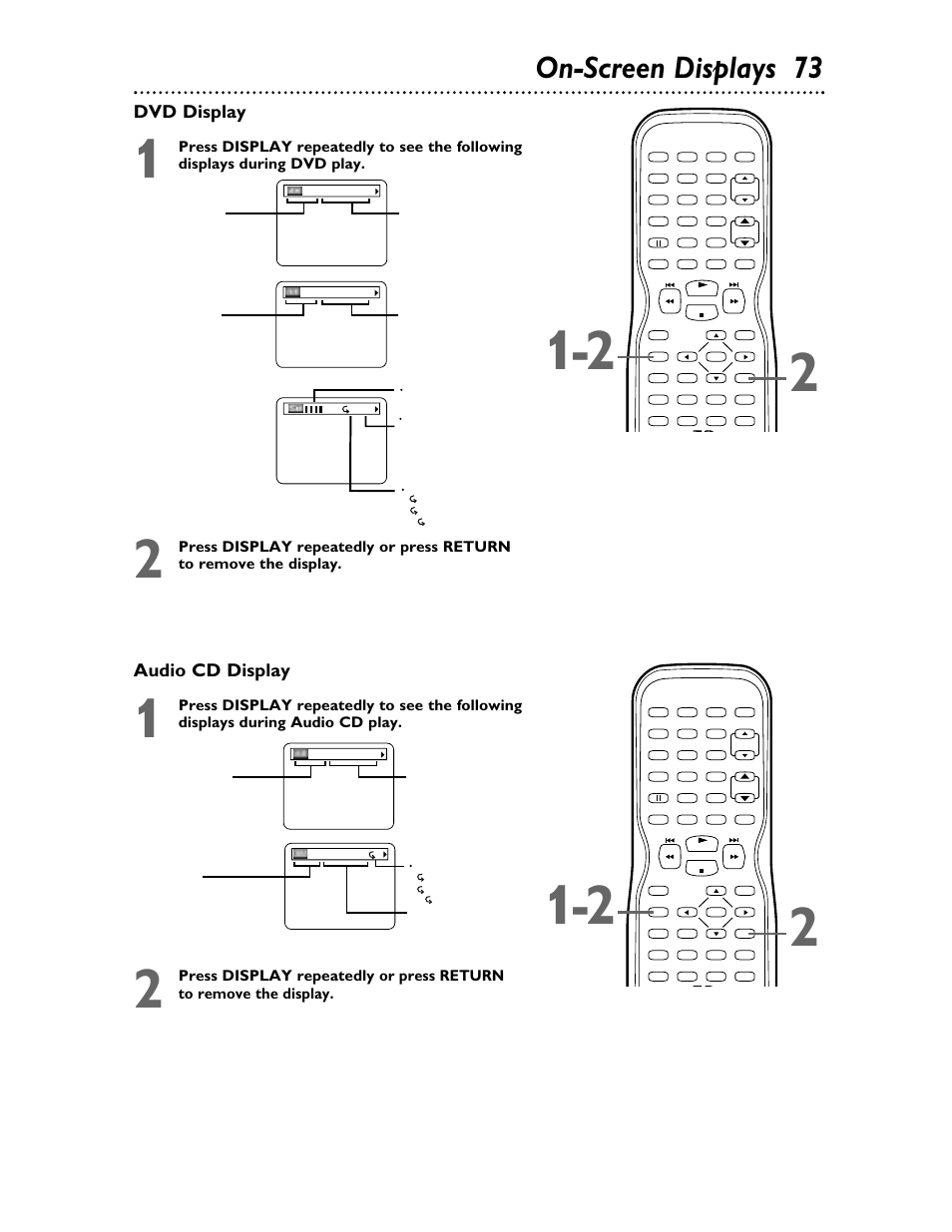 On-screen displays 73, Audio cd display, Dvd display | Philips 27DVCR55S User Manual | Page 73 / 80