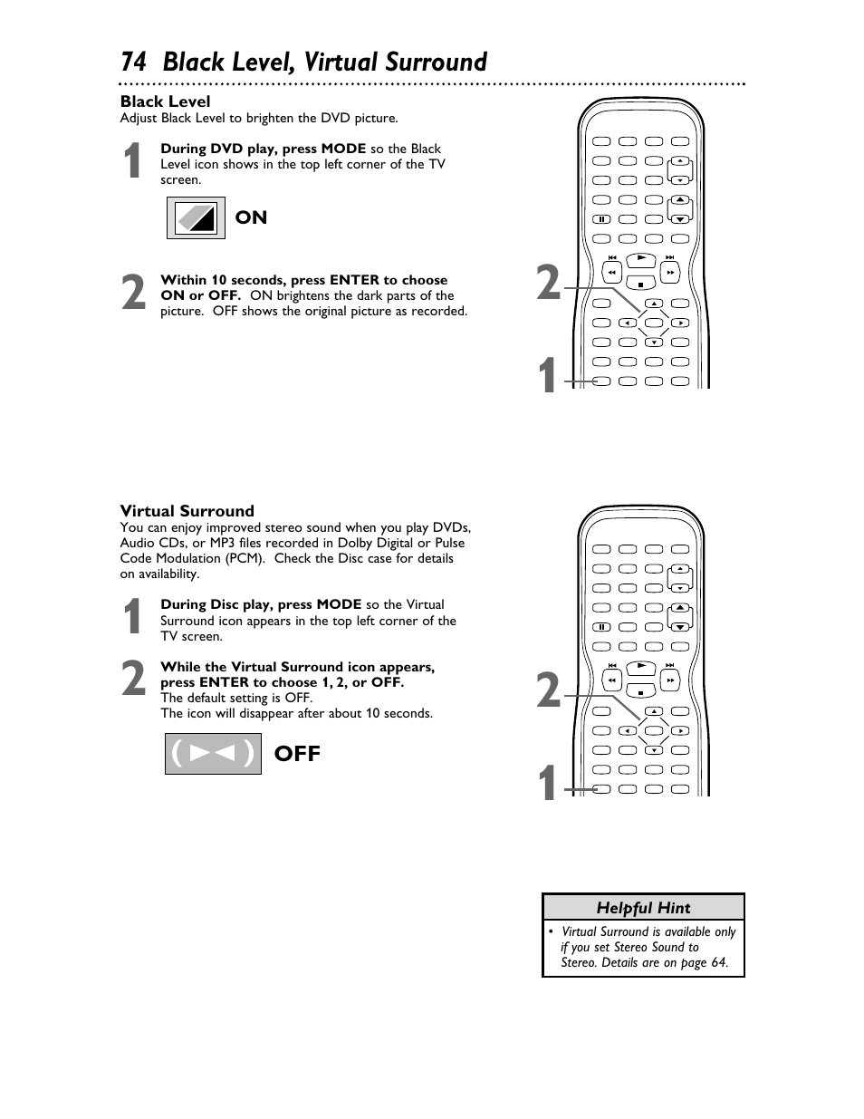 74 black level, virtual surround, Black level, Virtual surround | Helpful hint | Philips 27DVCR55S User Manual | Page 74 / 80
