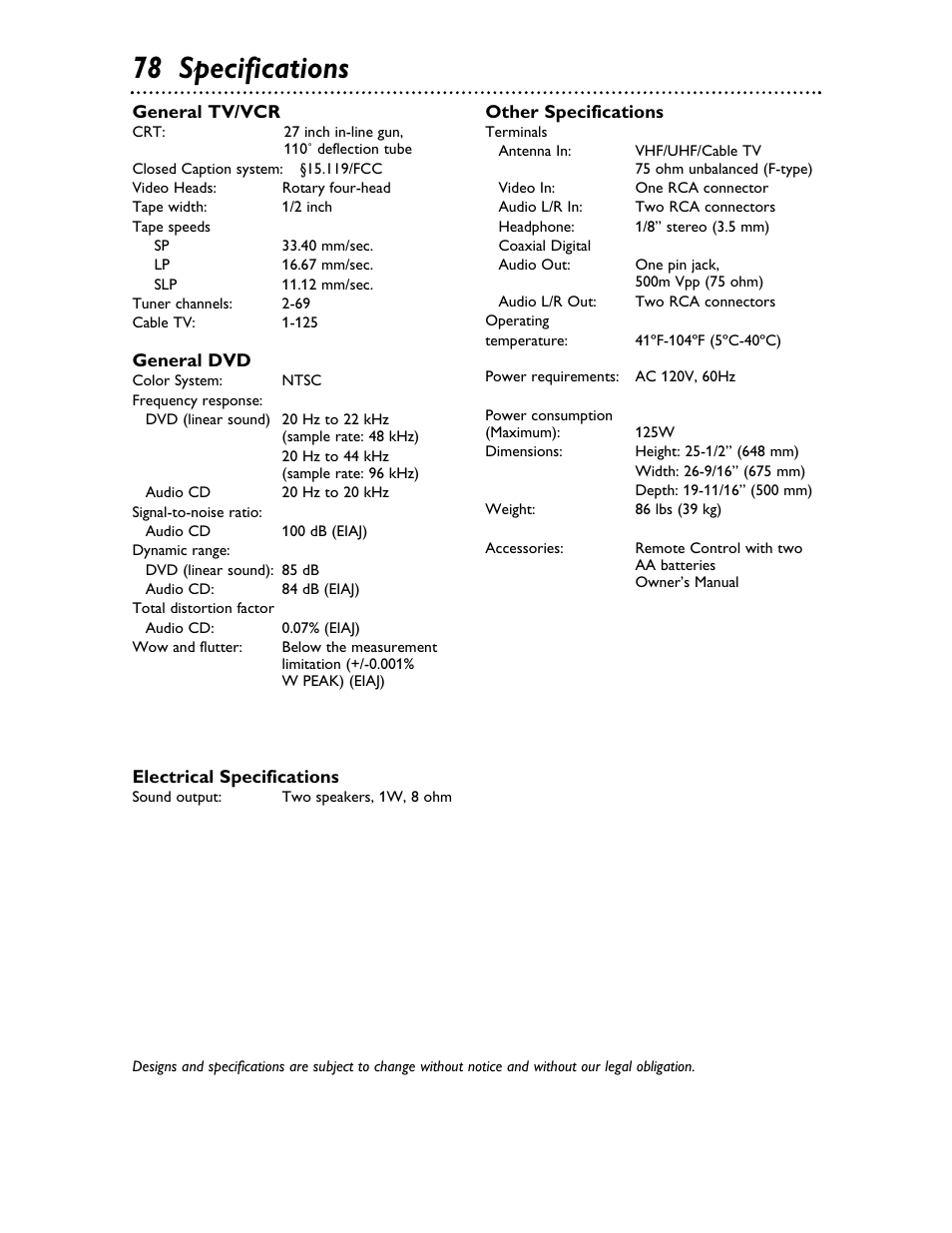 78 specifications | Philips 27DVCR55S User Manual | Page 78 / 80