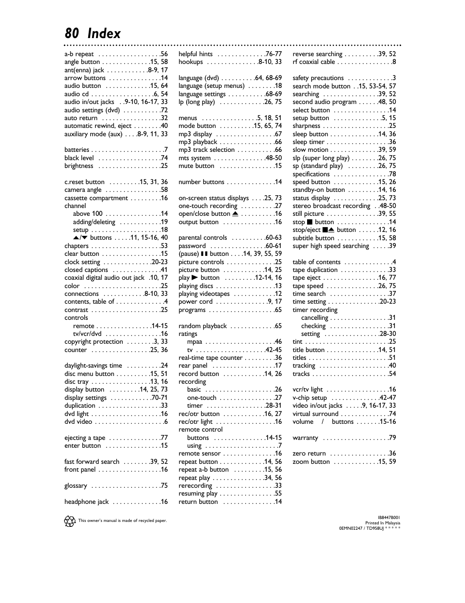 80 index | Philips 27DVCR55S User Manual | Page 80 / 80