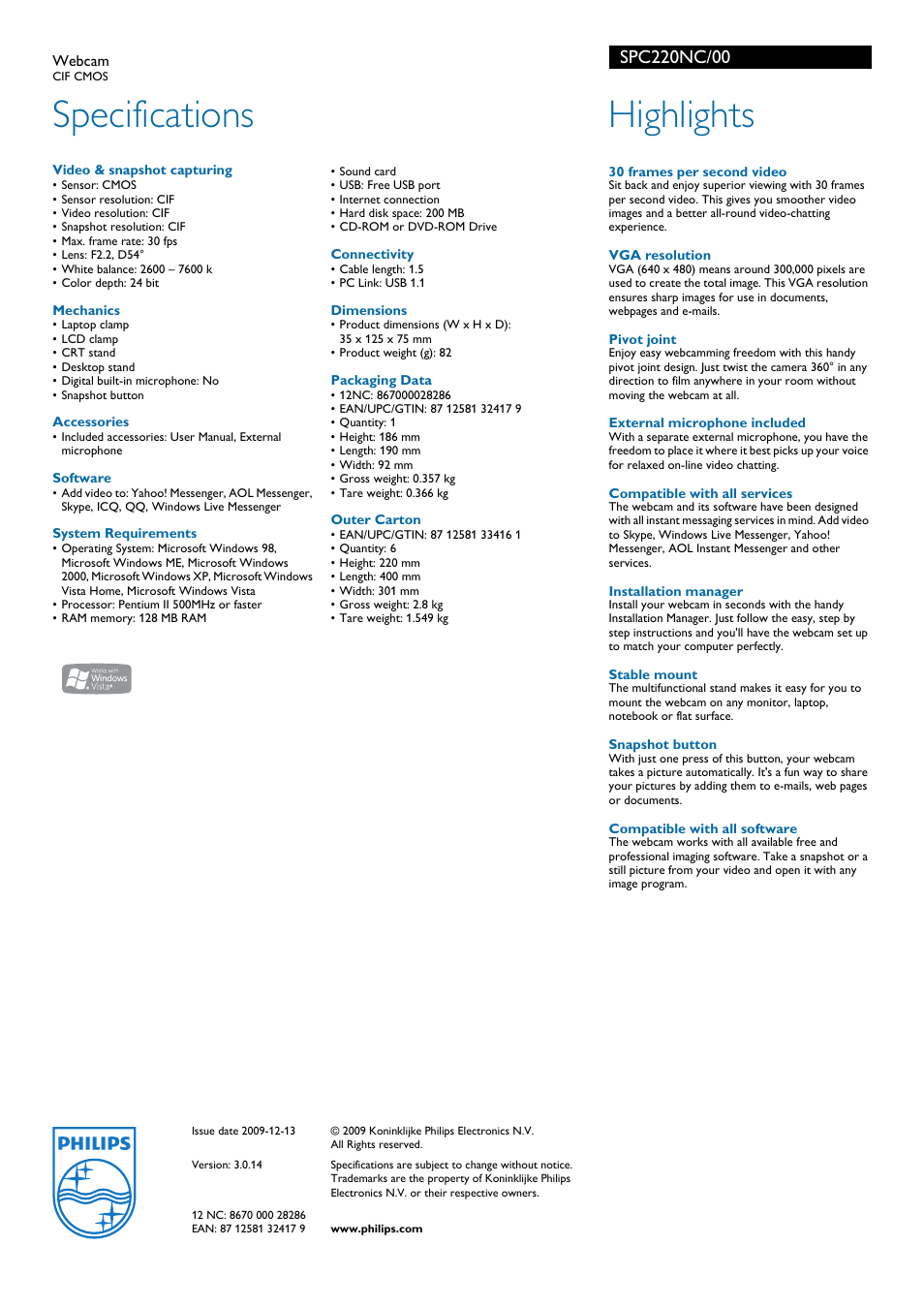 Specifications, Highlights | Philips SPC220NC User Manual | Page 2 / 2