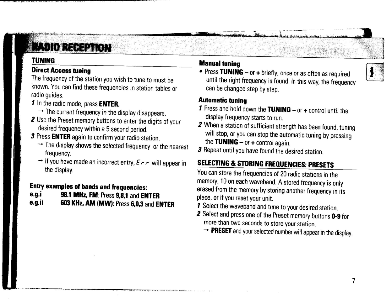 Tuning, Manual tuning, Selecting & storing frequencies: presets | Philips AQ 6688/17 User Manual | Page 6 / 9