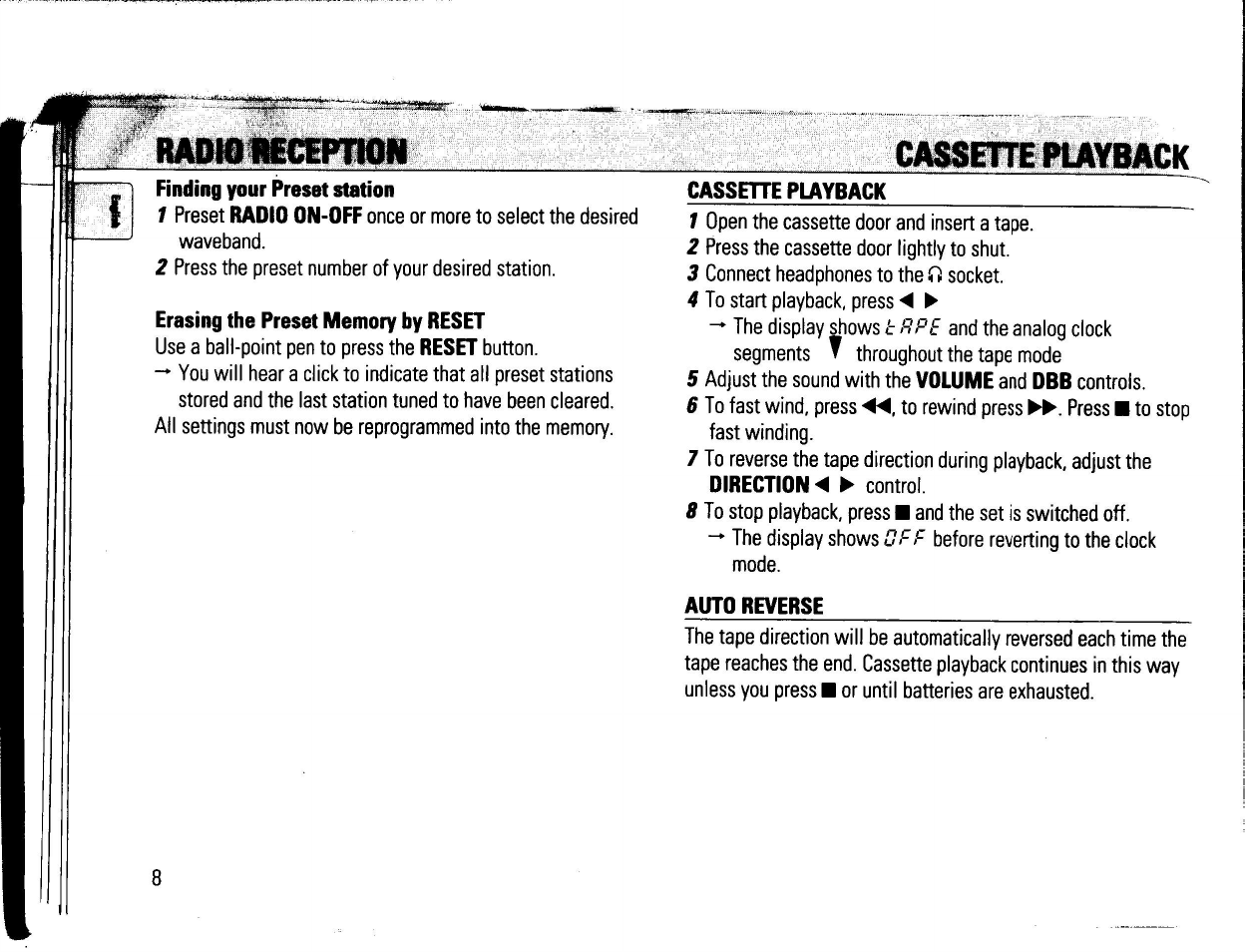 Finding your preset station, Erasing the preset memory by reset, Cassehe playback | Auto reverse | Philips AQ 6688/17 User Manual | Page 7 / 9