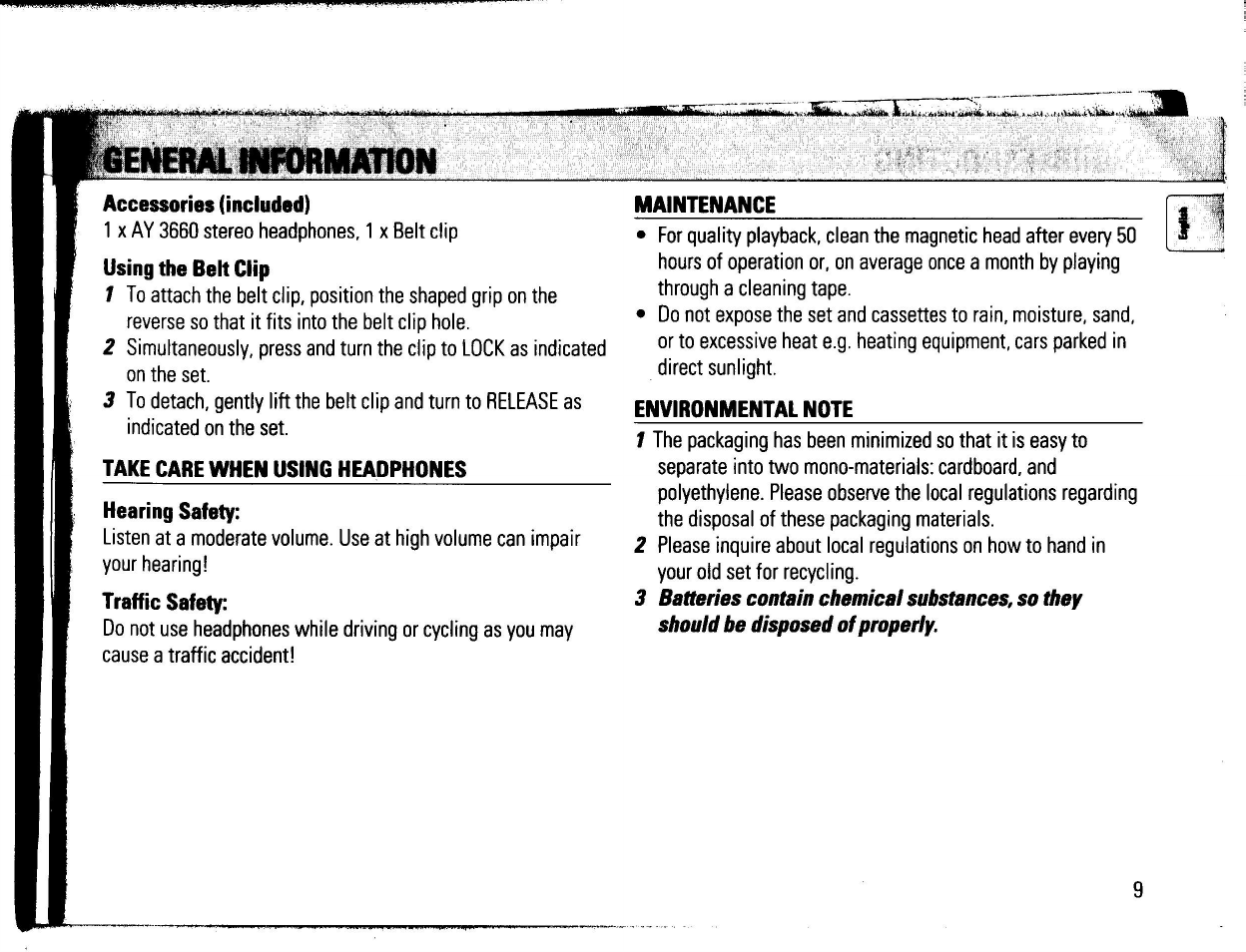 Accessories (included), Take care when using headphones, Maintenance | Environmental note | Philips AQ 6688/17 User Manual | Page 8 / 9