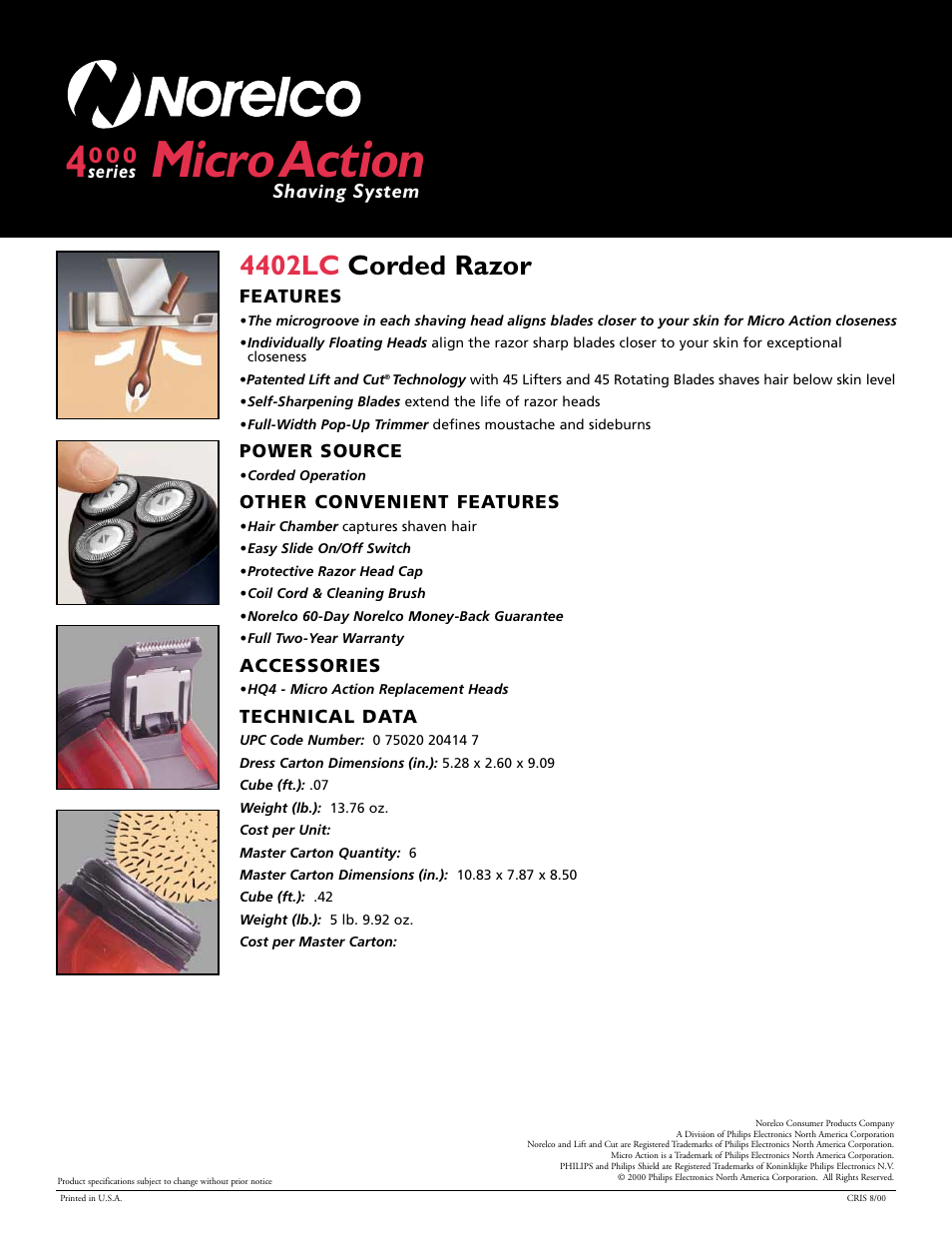 Micro action, 4402lc corded razor, Shaving system series | Philips 4402LC User Manual | Page 2 / 2