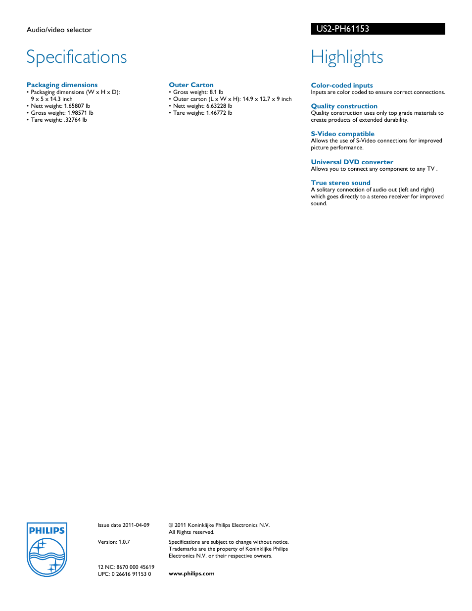 Specifications, Highlights | Philips US2-PH61153 User Manual | Page 2 / 2