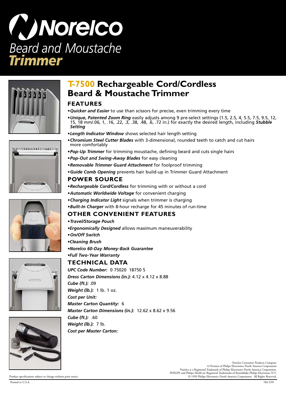 Features, Power source, Other convenient features | Technical data | Philips Norelco T-7500 User Manual | Page 2 / 2