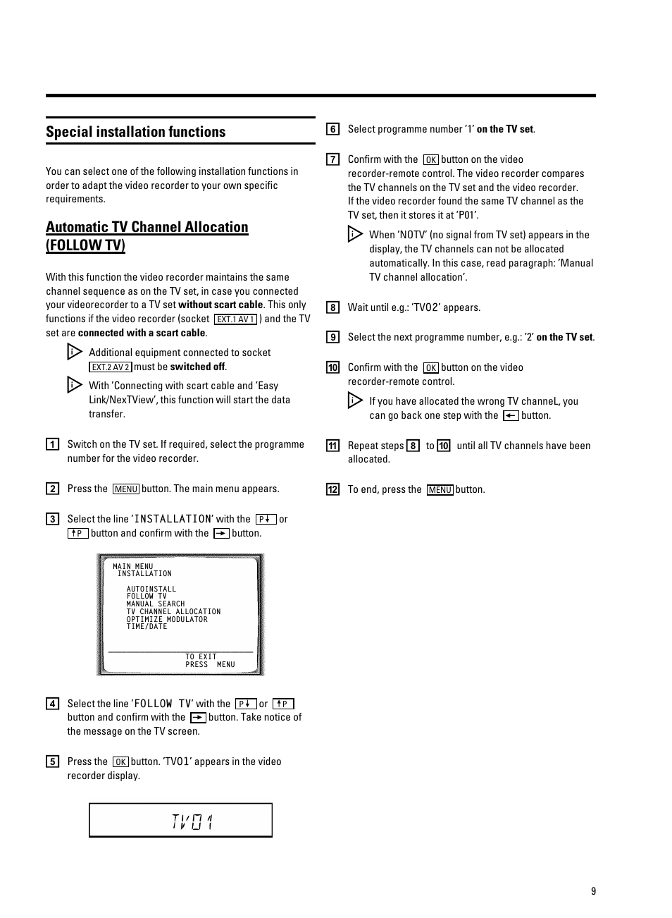 Tv01, Special installation functions, Automatic tv channel allocation (follow tv) | Philips VR9185 User Manual | Page 11 / 40
