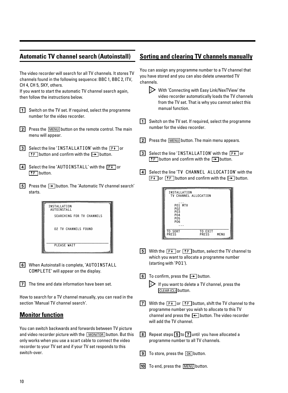 Automatic tv channel search (autoinstall), Monitor function, Sorting and clearing tv channels manually | Philips VR9185 User Manual | Page 12 / 40