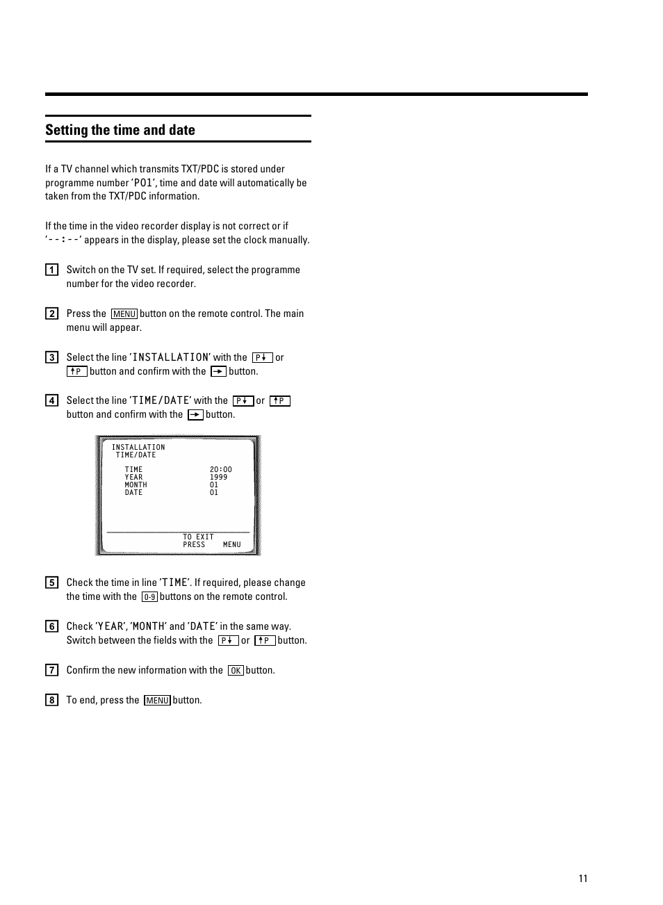 Setting the time and date | Philips VR9185 User Manual | Page 13 / 40