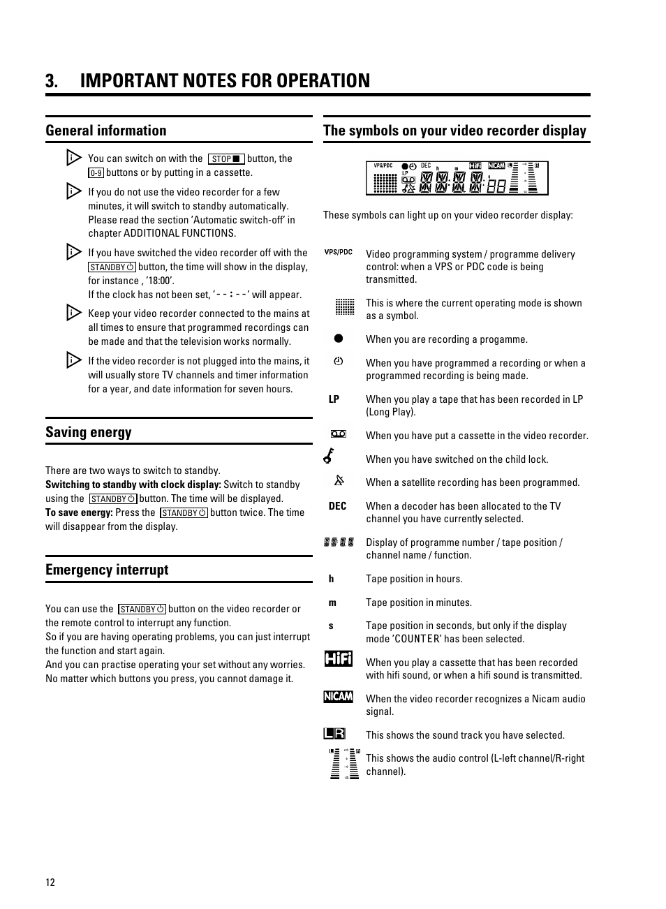 General information, Saving energy, Emergency interrupt | The symbols on your video recorder display | Philips VR9185 User Manual | Page 14 / 40