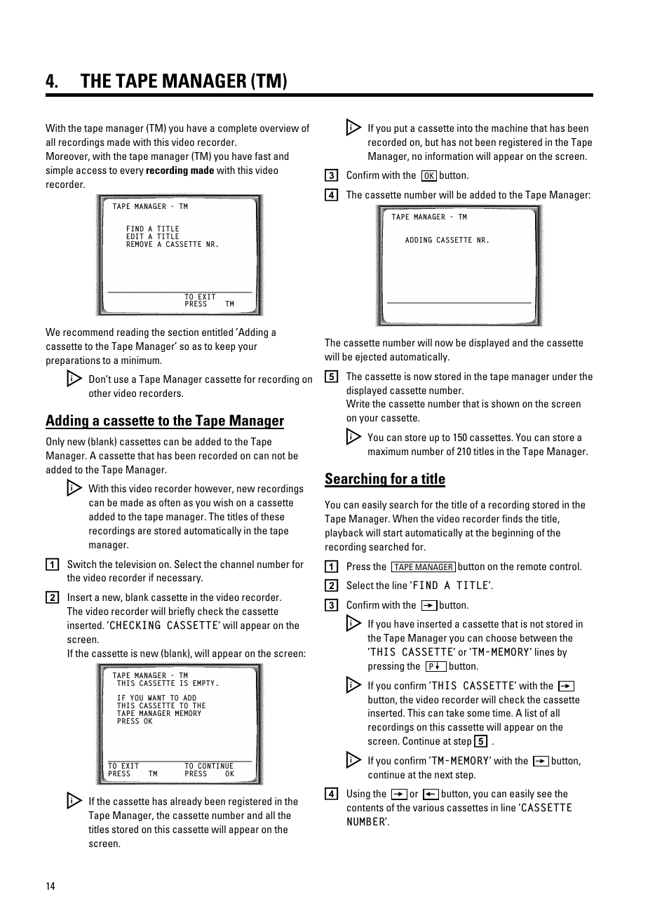 The tape manager (tm), Adding a cassette to the tape manager, Searching for a title | Philips VR9185 User Manual | Page 16 / 40