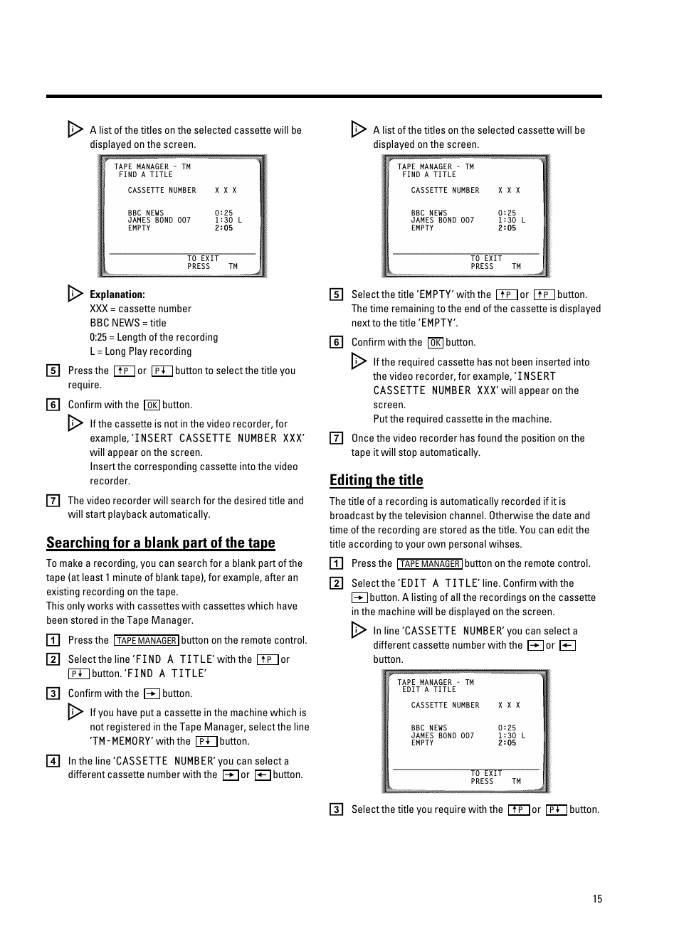 Searching for a blank part of the tape, Editing the title | Philips VR9185 User Manual | Page 17 / 40