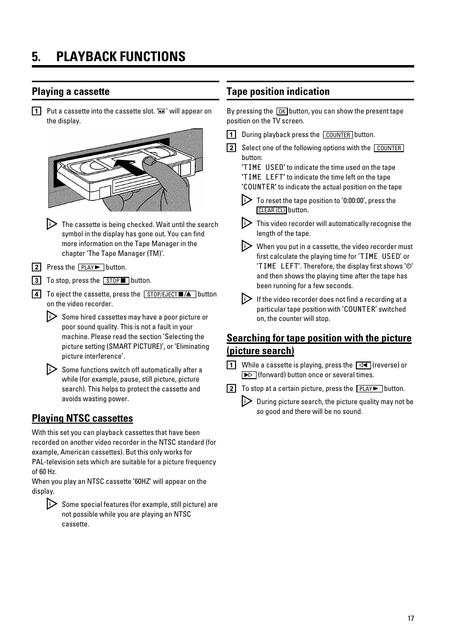 Playback functions, Playing a cassette, Playing ntsc cassettes | Tape position indication | Philips VR9185 User Manual | Page 19 / 40