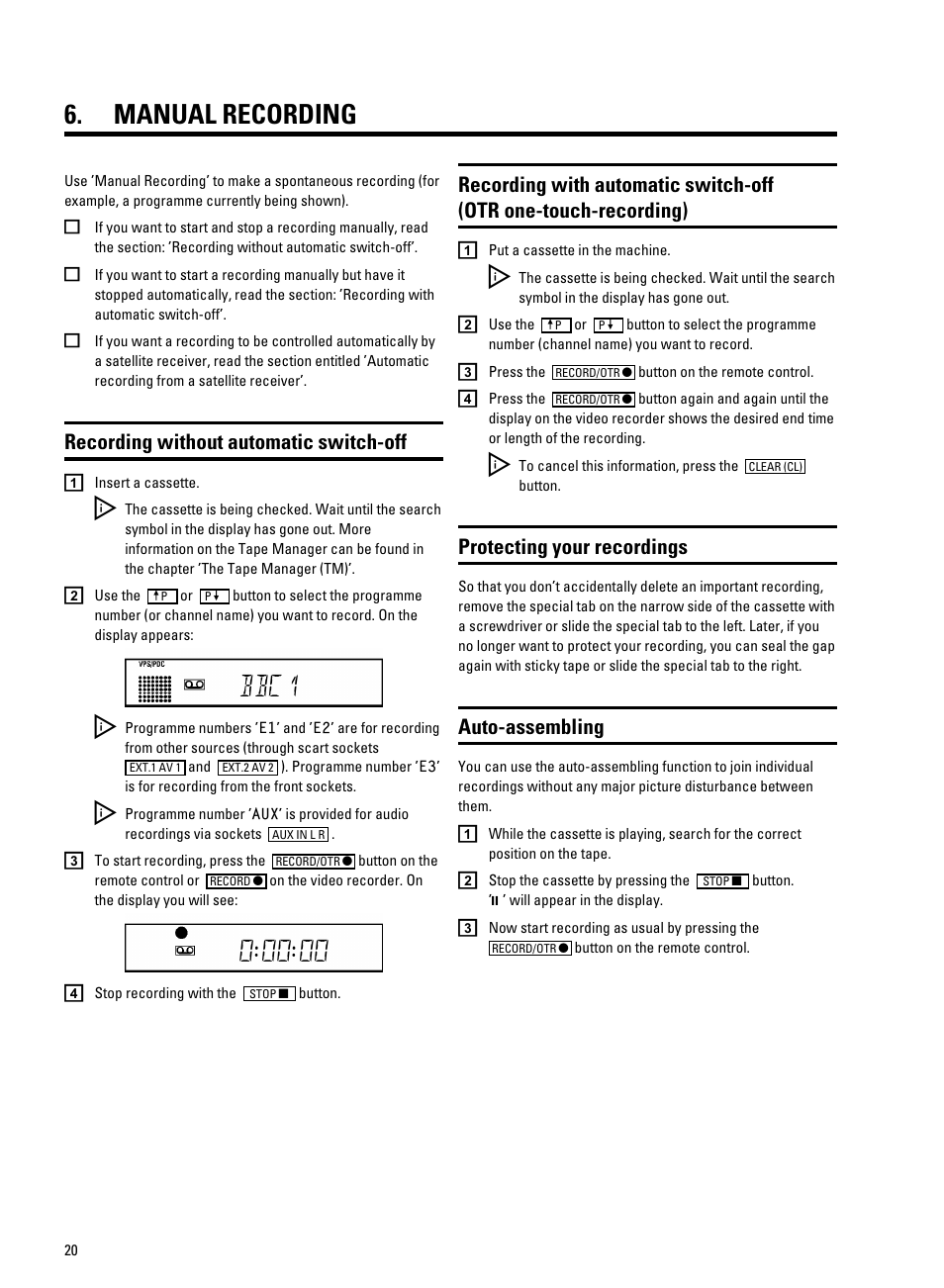 Bbc1, Manual recording, Recording without automatic switch-off | Protecting your recordings, Auto-assembling | Philips VR9185 User Manual | Page 22 / 40