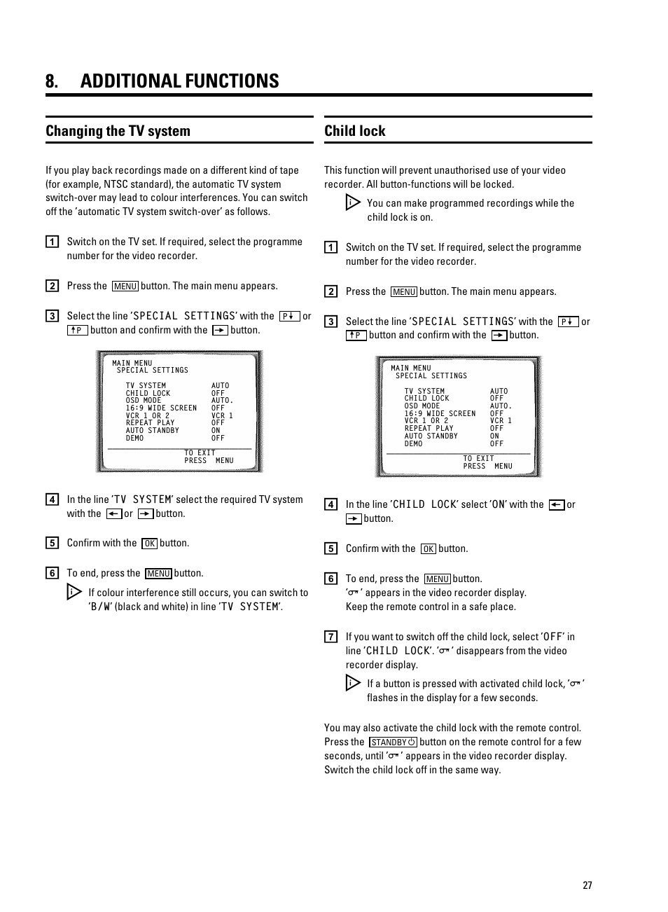Additional functions, Changing the tv system, Child lock | Philips VR9185 User Manual | Page 29 / 40