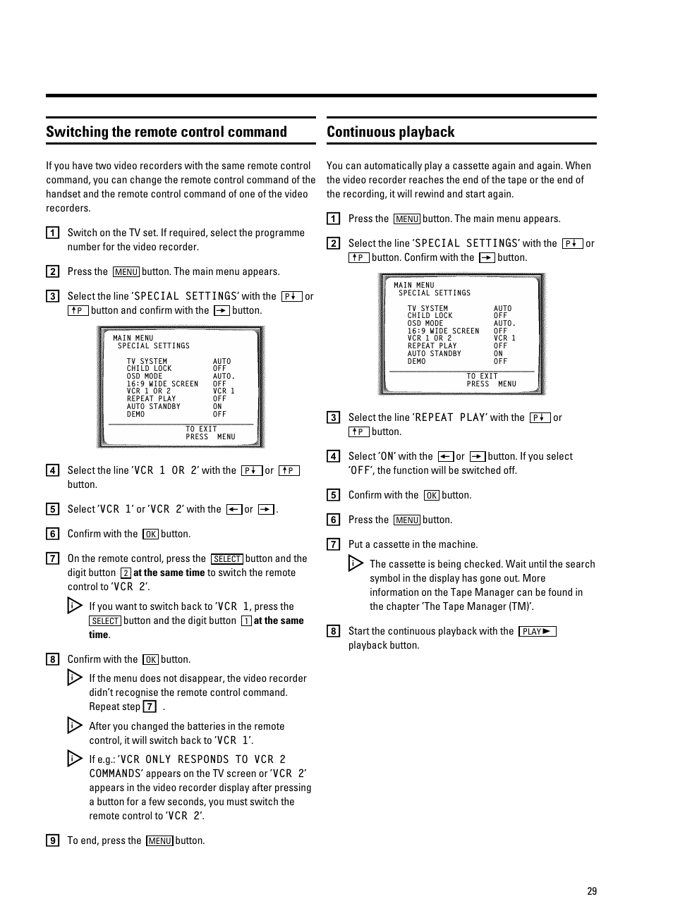 Switching the remote control command, Continuous playback | Philips VR9185 User Manual | Page 31 / 40