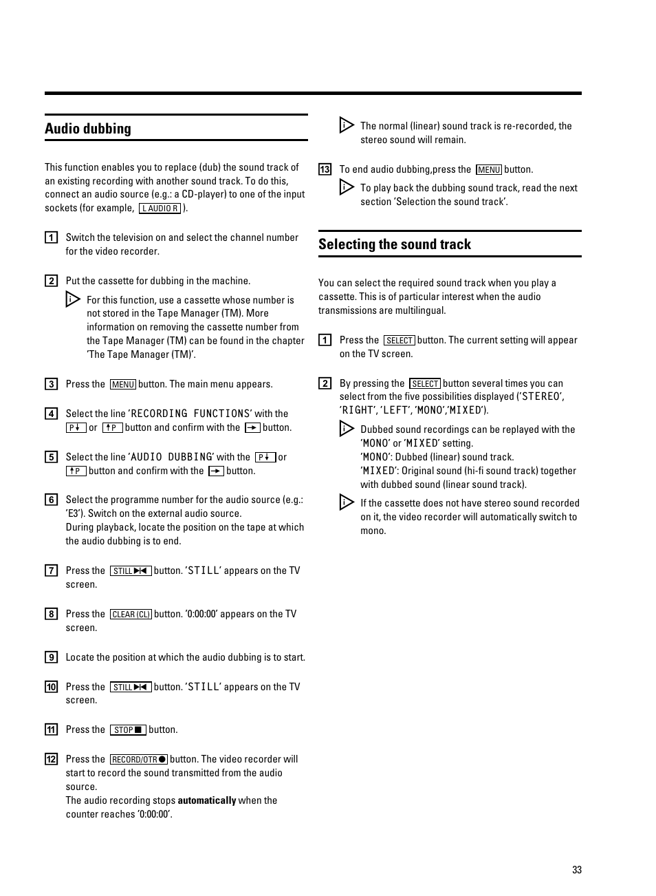 Audio dubbing, Selecting the sound track | Philips VR9185 User Manual | Page 35 / 40