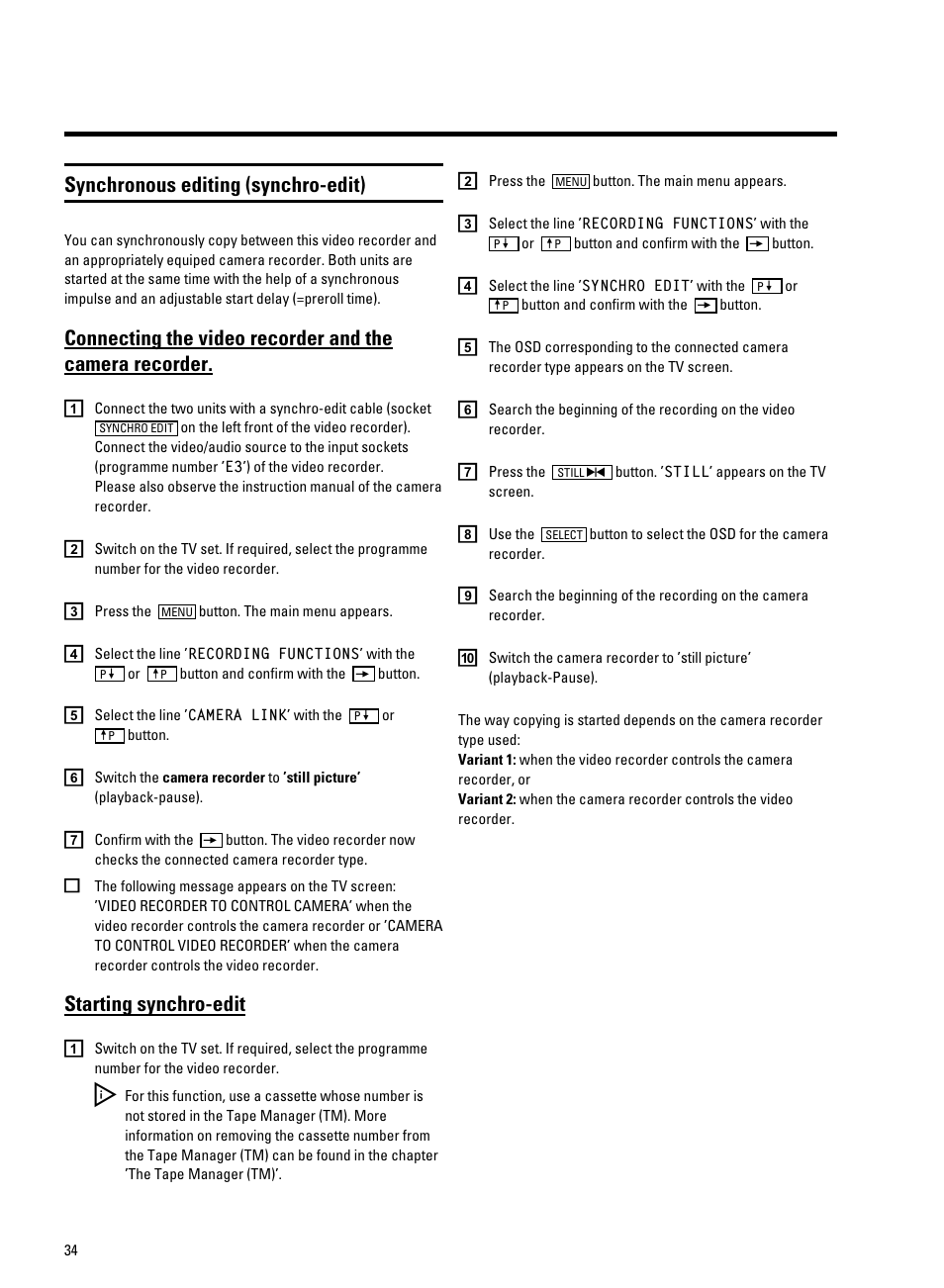 Synchronous editing (synchro-edit), Starting synchro-edit | Philips VR9185 User Manual | Page 36 / 40