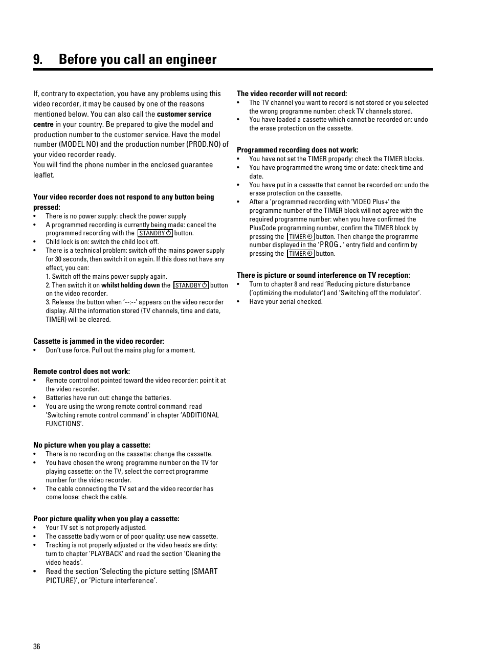 Before you call an engineer | Philips VR9185 User Manual | Page 38 / 40
