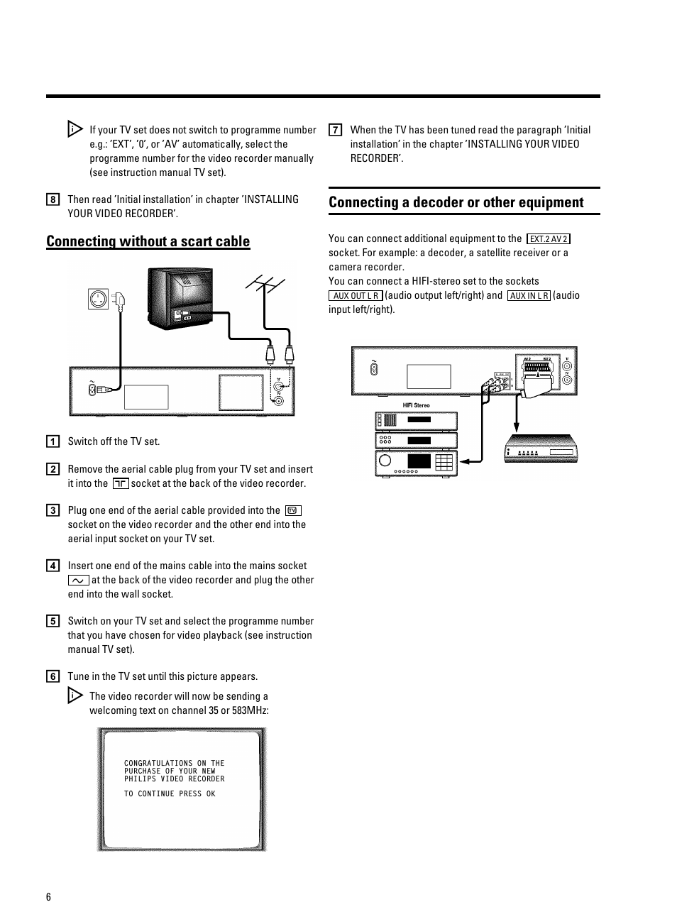 Connecting without a scart cable, Connecting a decoder or other equipment | Philips VR9185 User Manual | Page 8 / 40
