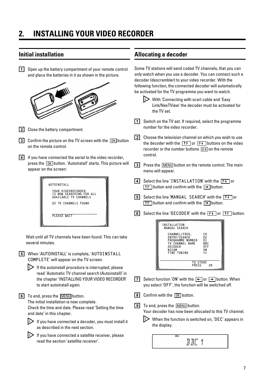 Bbc1 2. installing your video recorder, Initial installation, Allocating a decoder | Philips VR9185 User Manual | Page 9 / 40