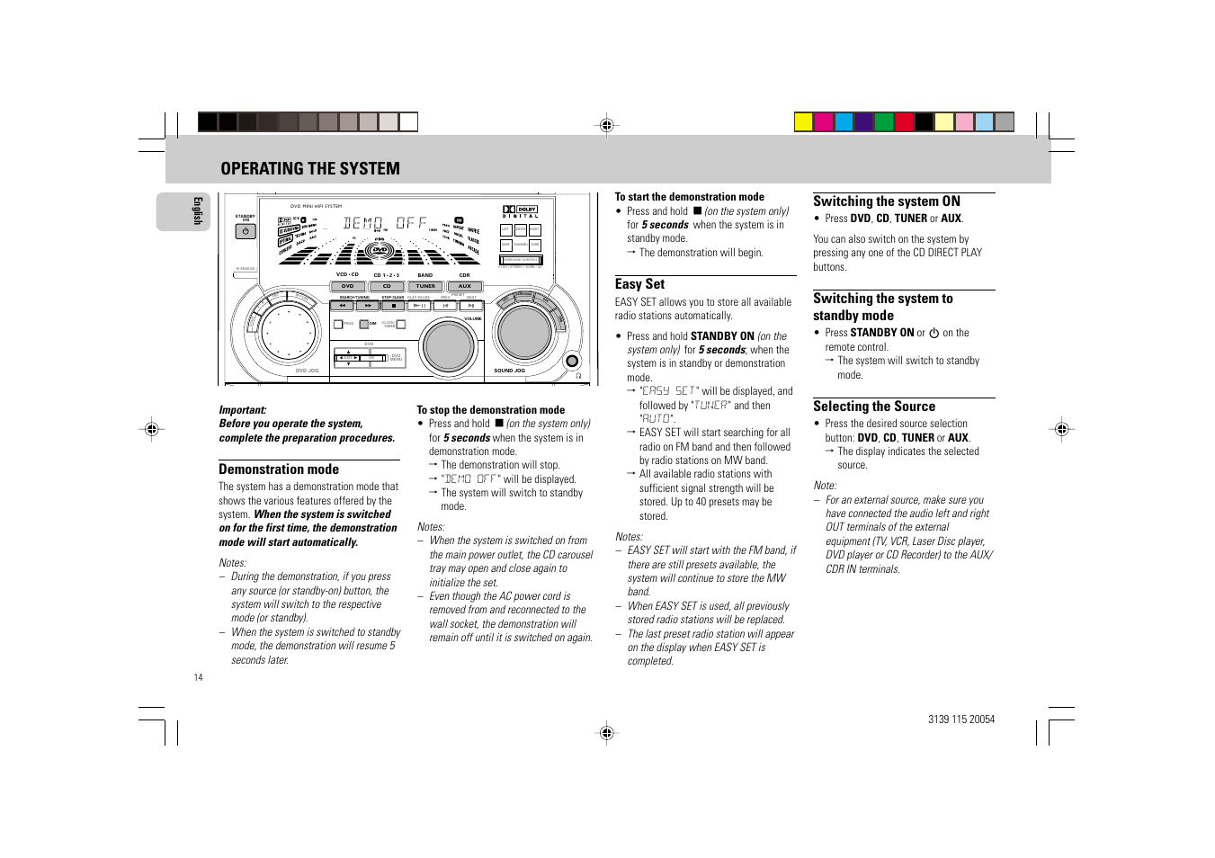 Operating the system, Demonstration mode, Easy set | Switching the system on, Switching the system to standby mode, Selecting the source | Philips FW-D1 User Manual | Page 14 / 41