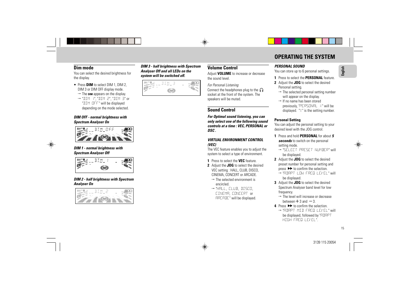 Operating the system, Dim mode, Volume control | Sound control, English, Dim 2 - half brightness with spectrum analyser on | Philips FW-D1 User Manual | Page 15 / 41